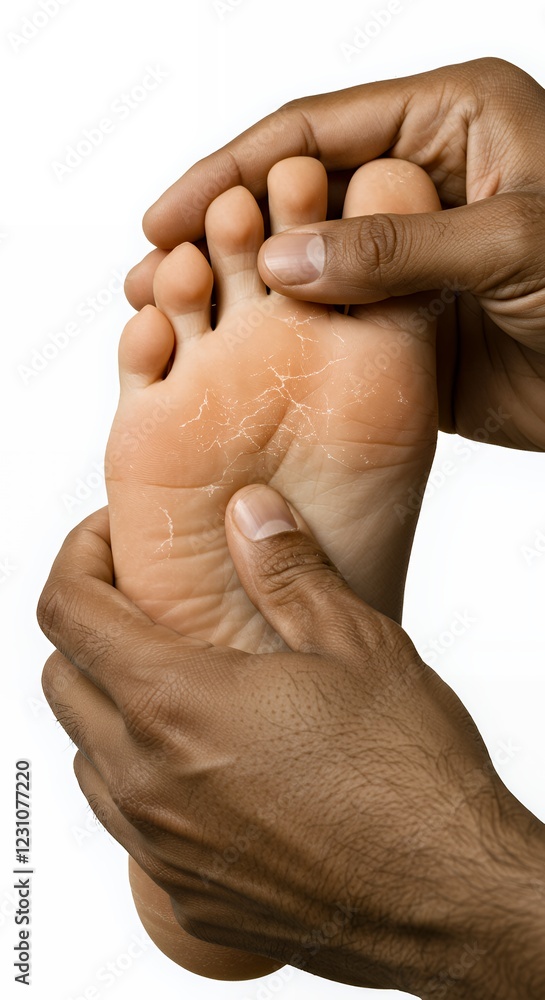 Fototapeta premium Close Up Of Hands Examining Foot With Dry, Scaly Skin Condition
