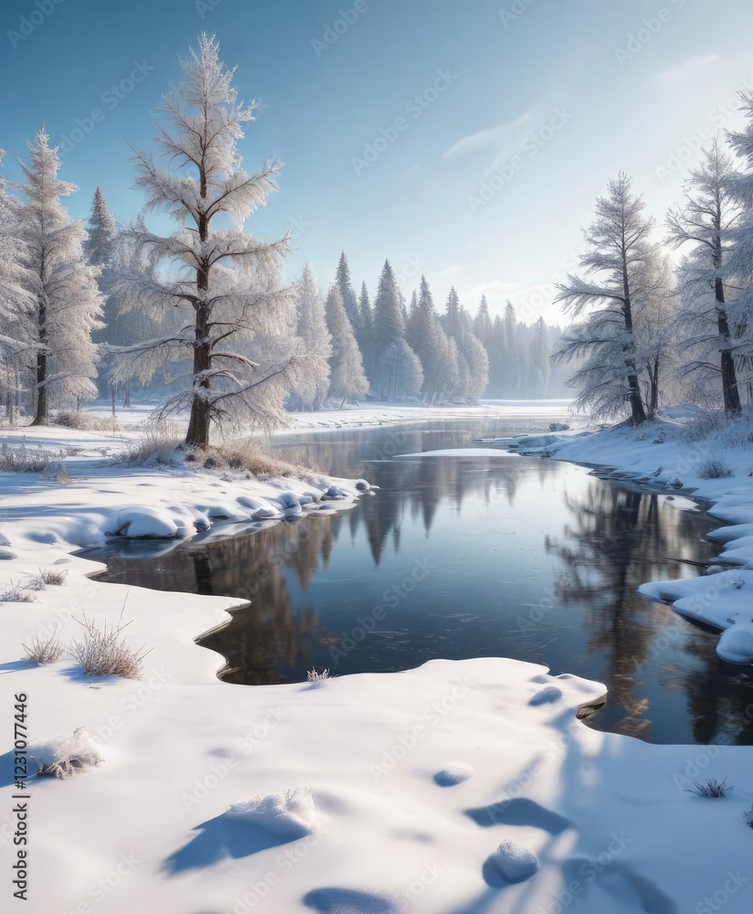 Obraz premium Snowy winter landscape with a frozen lake and snow-covered trees , winter, frosty, landscape