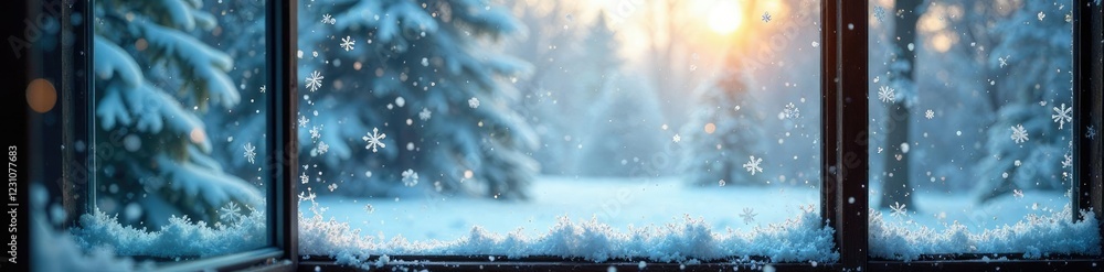 Snapped shot of a window with snowflakes falling outside, frost, landscape, glass Snapped shot of a window with snowflakes falling outside, frost, landscape, glass