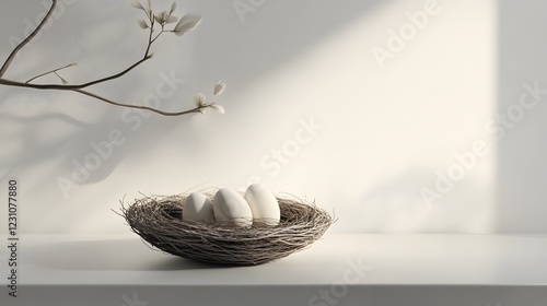 A bird's nest with three eggs on a white surface, no other distractions photo