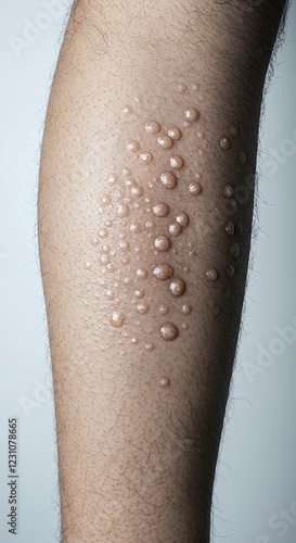 Close Up View Of Human Leg Showing Clustered Small Blisters Papules And Vesicles A Skin Condition Requiring Medical Diagnosis photo