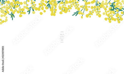 ミモザイラスト。ミモザの春ベクター背景。春の黄色いミモザの装飾フレーム。Mimosa Illustration. Mimosa spring vector background. Spring yellow mimosa decorative frame.