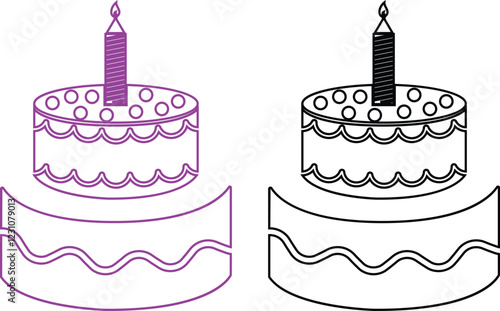 Cakes flat or line icon set collection. Vector of different types of beautiful modern cakes such as chocolate cake, Napoleon cake, tiramisu , eclair and cheesecake. Isolated on transparent background.