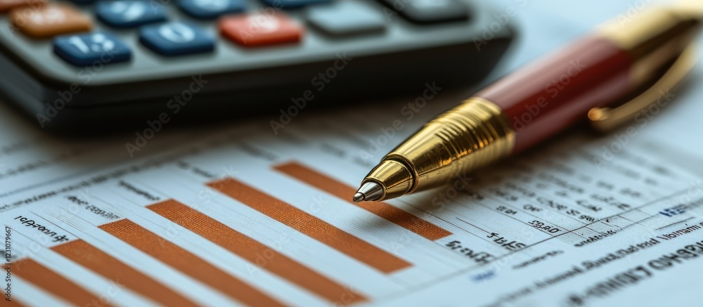 Close-up of pen, calculator, and financial graph. Close-up of pen, calculator, and financial graph.