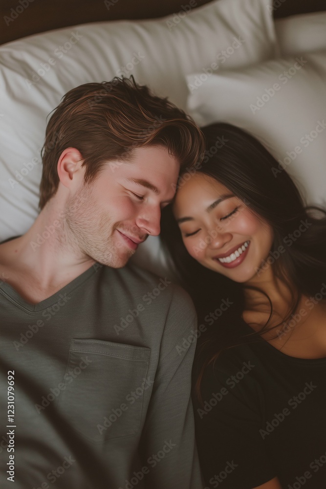 Mixed couple, asian woman and white man smiling at each other in bed. Vertical photography (2:3) Mixed couple, asian woman and white man smiling at each other in bed. Vertical photography (2:3)