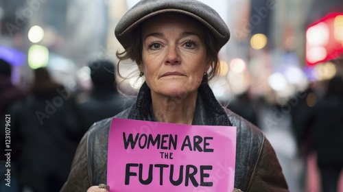 A Determined Woman in Times Square Holding a Pink Sign that States, 'Women Are the Future,' Symbolizing Empowerment and Gender Equality Amidst a Cityscape of Activism photo