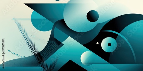 Abstract Teal Geometric Shapes and Leaf Design