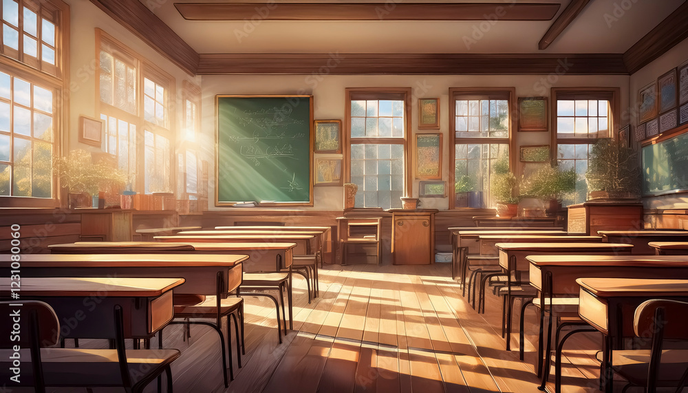Fototapeta premium アニメ・漫画風の古い木造の校舎 太陽の光・日差しが差し込む誰もいない学校の教室 並んだ机と椅子 正面の黒板 懐かしい雰囲気 教育・勉強・学習の背景