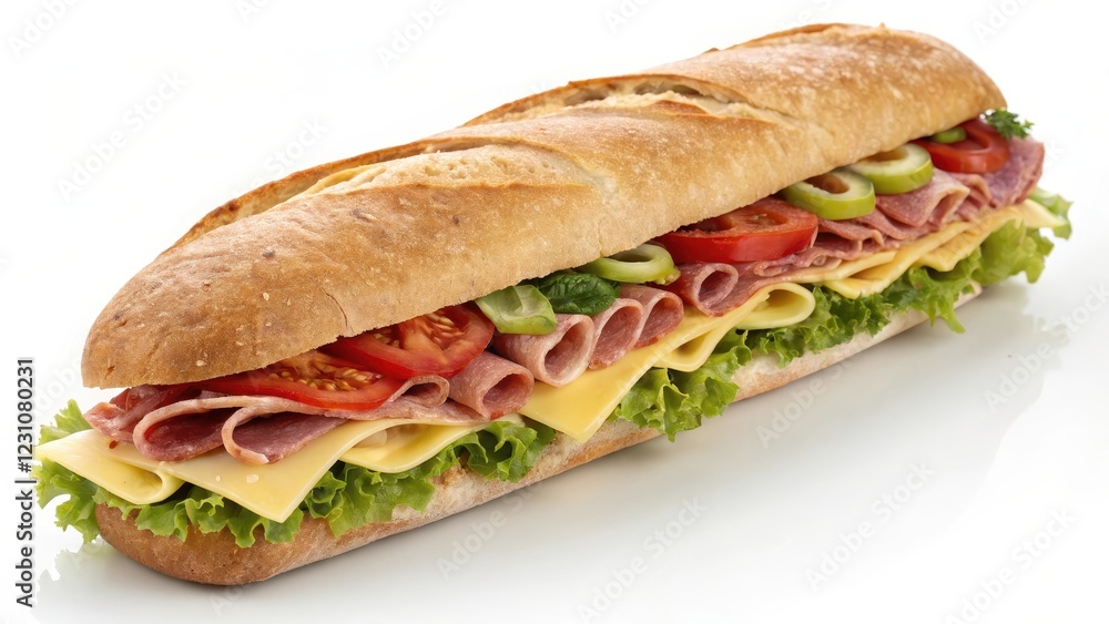 A long sub sandwich filled with savory deli meat, melted cheese, crisp lettuce, and juicy tomato slices. A long sub sandwich filled with savory deli meat, melted cheese, crisp lettuce, and juicy tomato slices.