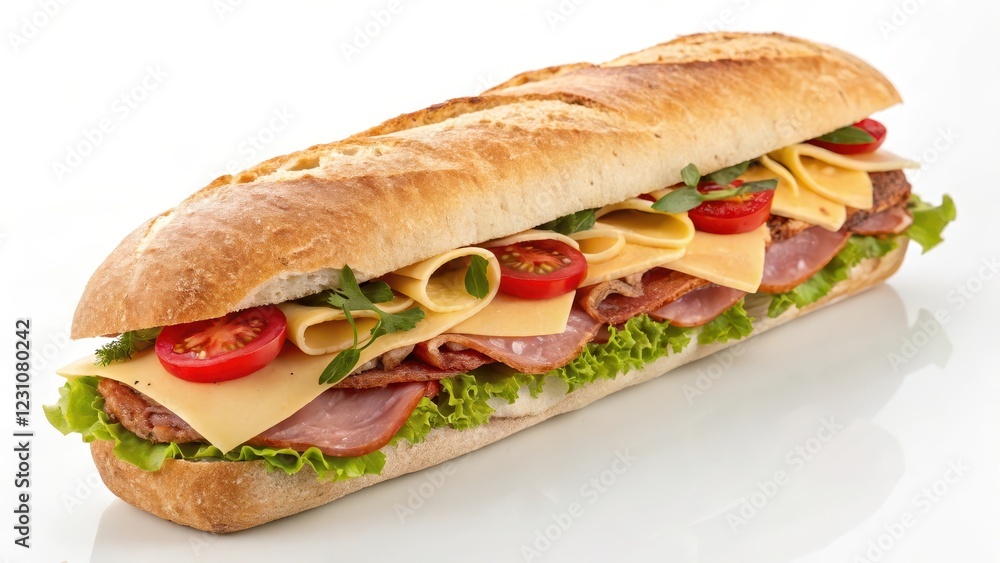 A delicious and appetizing long sub sandwich filled with savory meats, melty cheese, and fresh vegetables on a crusty baguette A delicious and appetizing long sub sandwich filled with savory meats, melty cheese, and fresh vegetables on a crusty baguette