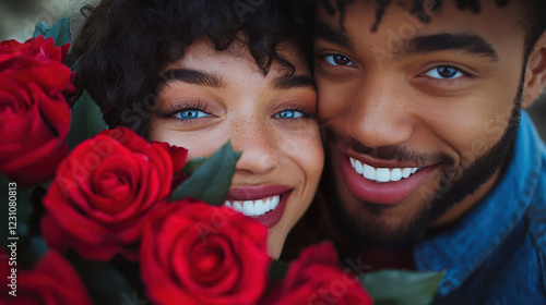 A couple blue eyes cerebrate on valentine's day, smile on camera. with a red roses
