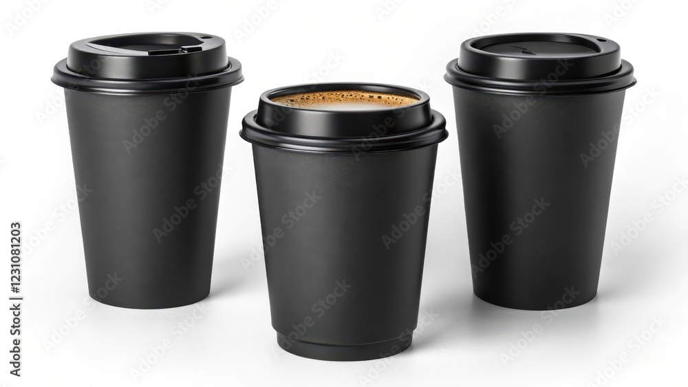 Three black disposable coffee cups, two empty and one filled, isolated on a white background Three black disposable coffee cups, two empty and one filled, isolated on a white background
