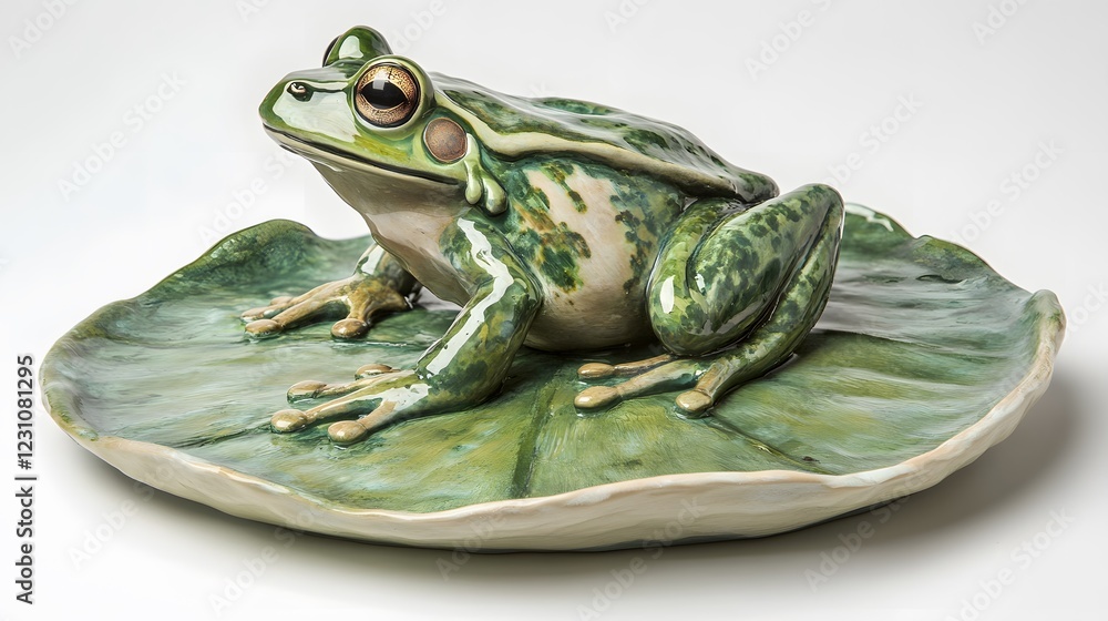 Fototapeta premium A frog sitting on a lily pad, with a plain white backdrop