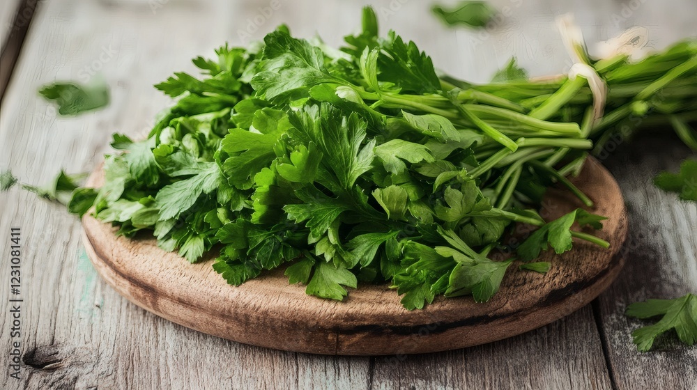 Fresh Parsley Bunch on Rustic Wooden Board Fresh Parsley Bunch on Rustic Wooden Board