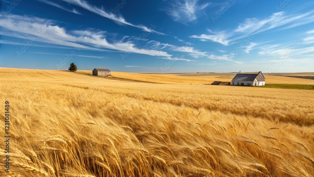 Fototapeta premium Golden Wheat Field with Rustic Farm Structures Under a Vivid Sky
