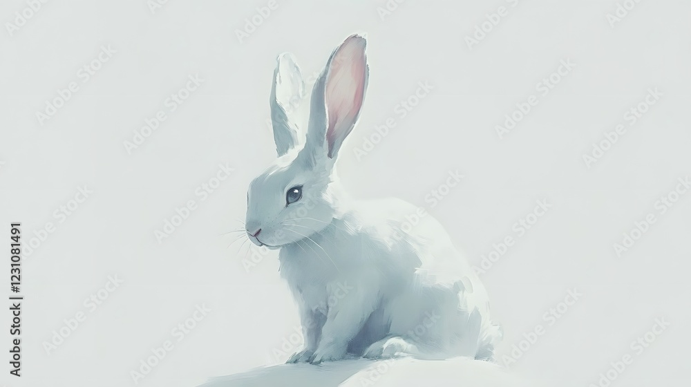 Obraz premium A rabbit with long ears, sitting against a minimalistic white backdrop