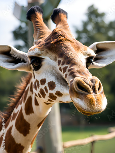 A curious giraffe is captured in a close-up, exhibiting its patterned coat and unique facial features, representing the majesty and curiosity of wildlife. photo