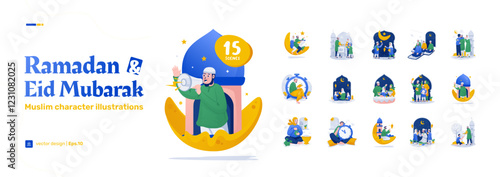 Muslim character illustration set celebrating ramadan and eid mubarak