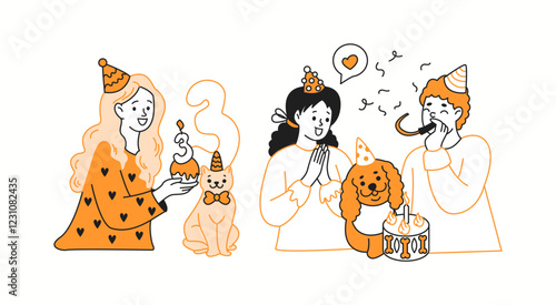 Pet owners celebrating animals birthday orange color linear icons collection. Showing love to cat and dog doodle characters on white background
