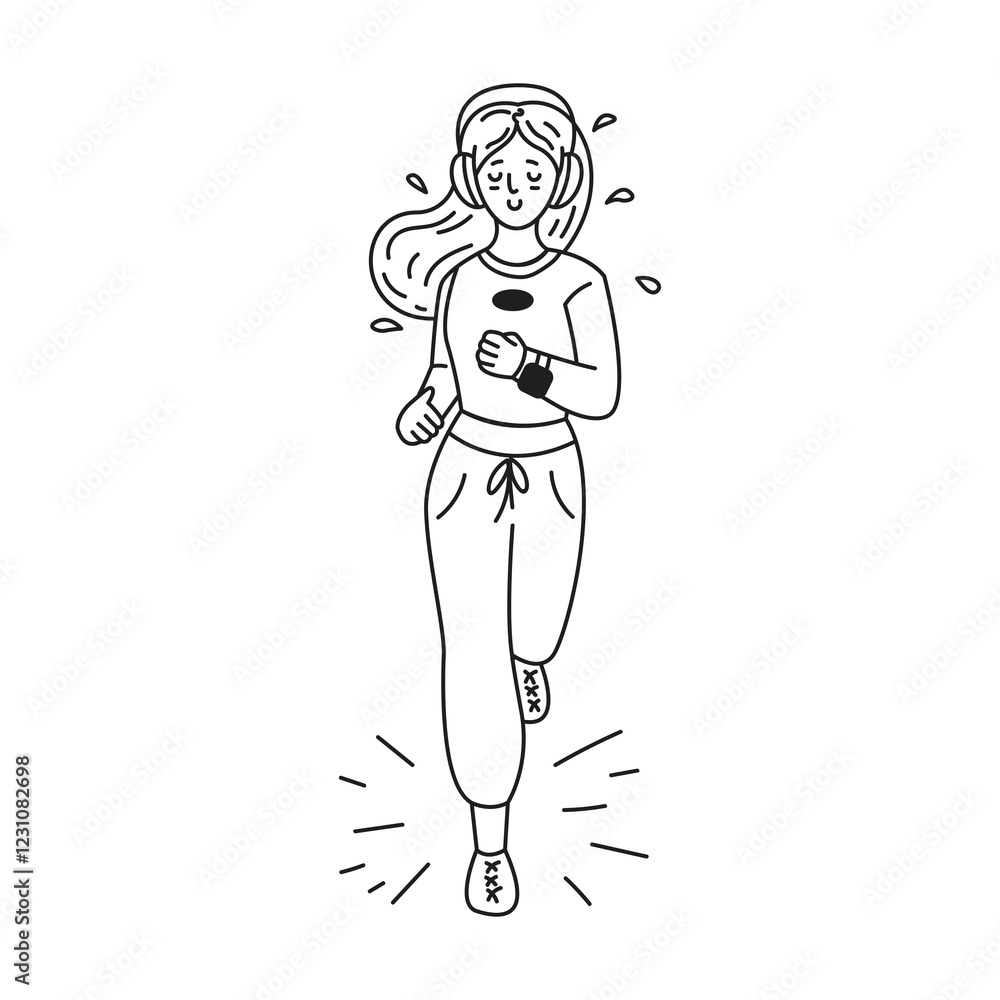 Young woman in headphones enjoys jogging linear icon. Lady athlete engages in cardio activity doodle character doodle thin line illustration Young woman in headphones enjoys jogging linear icon. Lady athlete engages in cardio activity doodle character doodle thin line illustration