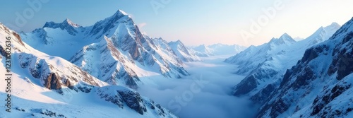 Frosty mountain peaks descend into valleys of snow and ice, Cold Weather, Mountainous, Serene photo