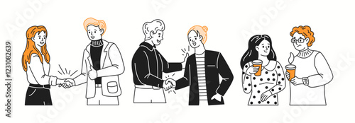 Business partners shake hands talking color linear icons collection. Woman and man enjoys informal conversation doodle characters on white