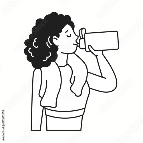 Woman drinks water from bottle after training linear icon. Lady athlete maintains hydration balance doodle character doodle thin line illustration