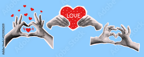 Hands making and holding heart shapes collage vector halftone illustration set. Valentine day celebration trendy design on blue background