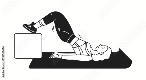 Woman athlete performs bridge exercise using box linear icon. Lady engages in fitness workout on mat doodle character doodle thin line illustration