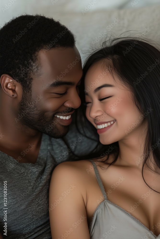 Mixed couple, black man and asian woman smiling at each other in bed. Vertical photography (2:3) Mixed couple, black man and asian woman smiling at each other in bed. Vertical photography (2:3)
