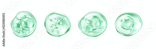 Collagen molecules inside transparent green bubbles realistic color icons set. Remedy for skincare 3d objects bundle on white background