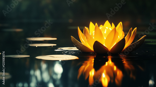 Golden Lotus on water at night. Generative Ai. photo