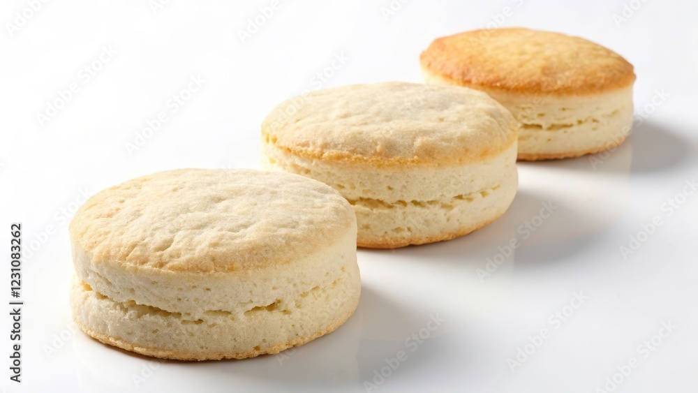 Three golden-brown biscuits arranged in a row on a bright white background Three golden-brown biscuits arranged in a row on a bright white background