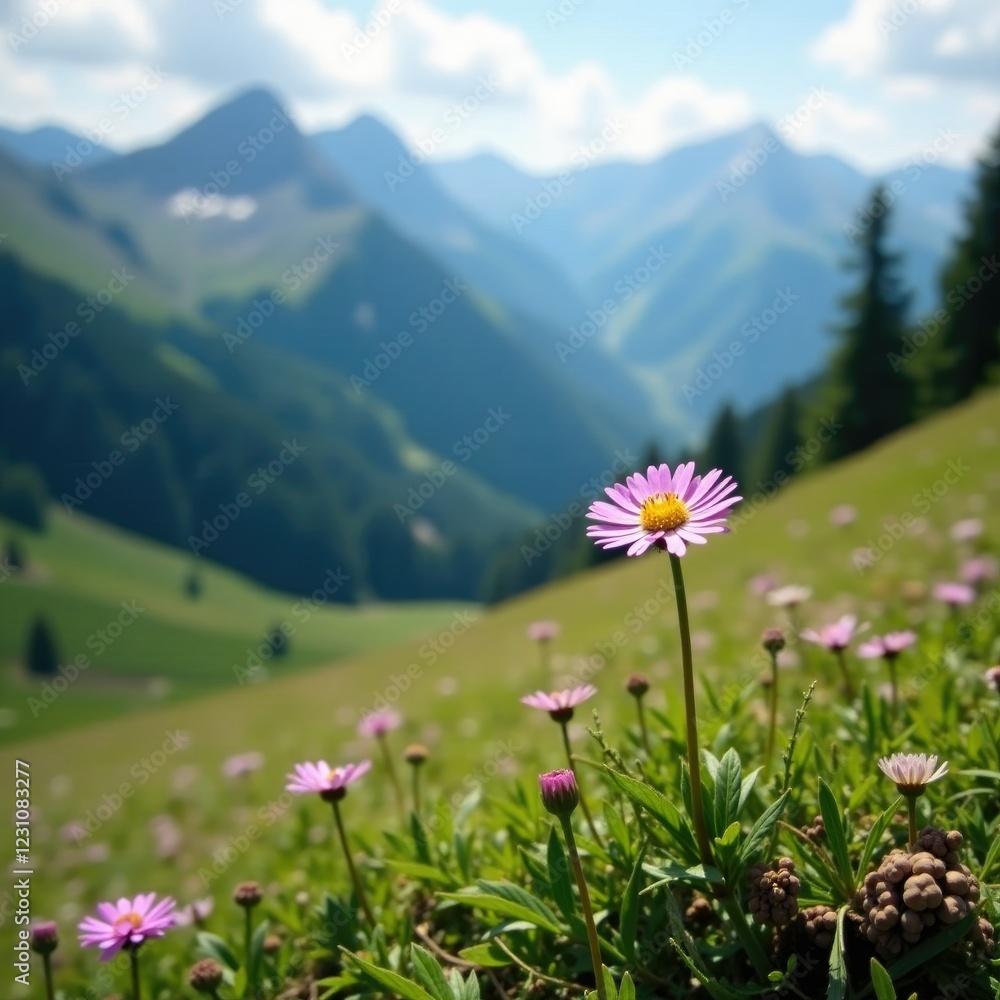 Obraz premium Full-grown aster alpinus flower on a mountain meadow, foliage, flowers, wildflower