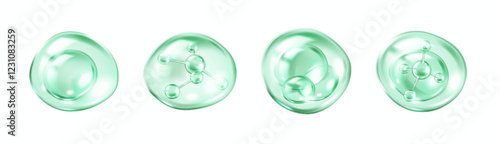 Collagen molecules floating inside green transparent bubbles realistic color icons set. Skincare science 3d objects bundle on white background