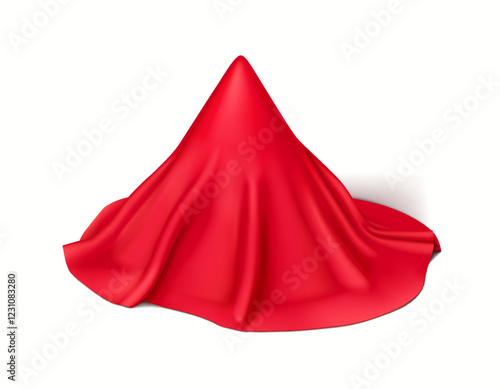 Smooth red silk tablecloth draping over cone realistic vector illustration. Product unveiling at opening 3d object on white background
