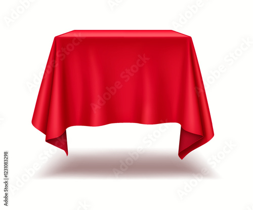 Scarlet silk draping elegant square pedestal realistic vector illustration. Product display at professional presentation 3d object on white