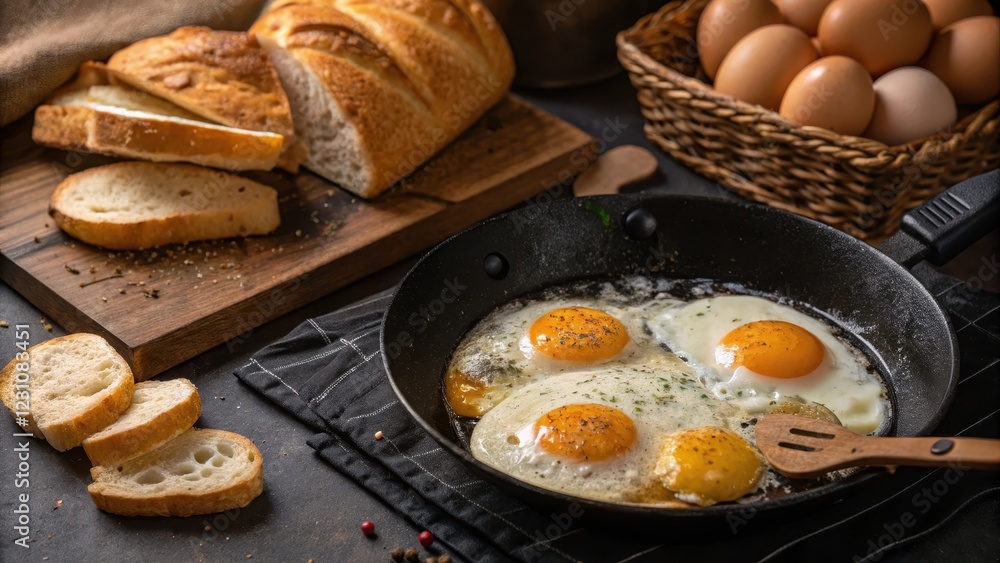 A rustic breakfast scene featuring freshly fried eggs, crusty bread, and a basket of eggs. A rustic breakfast scene featuring freshly fried eggs, crusty bread, and a basket of eggs.