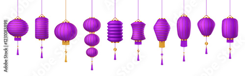 Decorative purple Chinese lanterns of thin paper color icons set. Asian lamps with tassels for happy holiday ambience 3d objects bundle on white