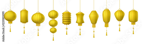 Traditional Asian lanterns of thin yellow paper color icons set. Ancient Chinese decorative lamps with tassels 3d objects bundle on white