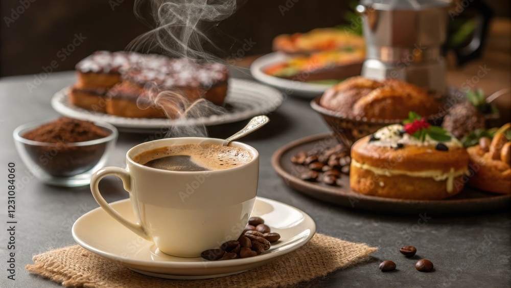 Aromatic coffee steaming in a white cup, accompanied by an assortment of delectable pastries and freshly roasted coffee beans. Aromatic coffee steaming in a white cup, accompanied by an assortment of delectable pastries and freshly roasted coffee beans.