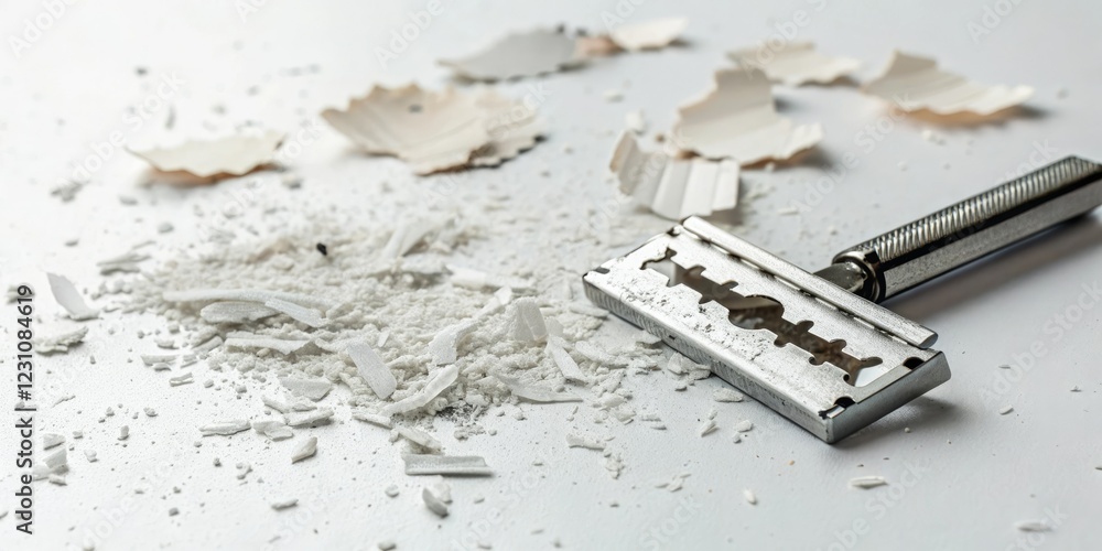Shattered disposable razor blade on white surface, cut, shards Shattered disposable razor blade on white surface, cut, shards