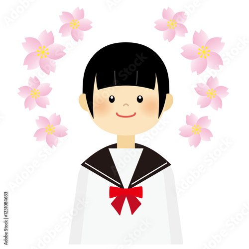 桜を背景にしたセーラー服の女の子