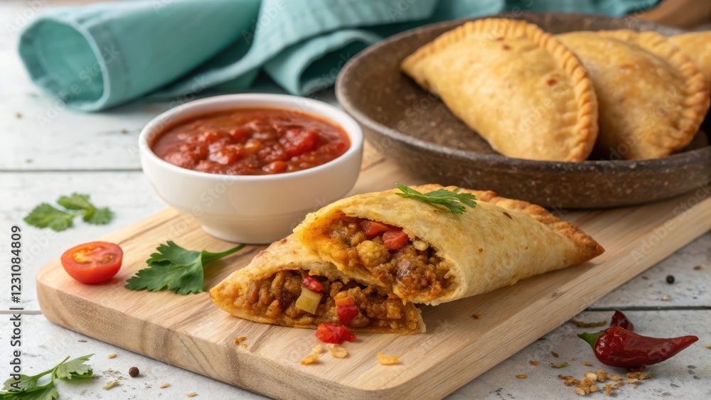 Savory Pastry Pockets Filled with Seasoned Vegetables and Meat, Served with a Zesty Dipping Sauce