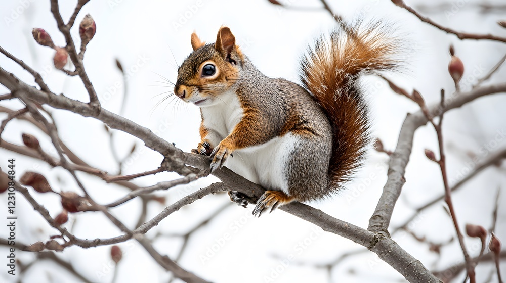 A squirrel perched on a tree branch, surrounded by white space A squirrel perched on a tree branch, surrounded by white space