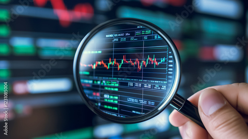 Market Analysis: A hand holds a magnifying glass, focusing on a volatile stock chart displayed on a computer screen,  emphasizing the detail and scrutiny involved in financial decision-making.