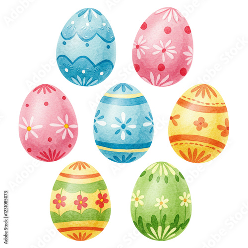 Seven Colorful Easter Eggs Watercolor Design Spring Holiday Festive Pastel Decor art card happy     