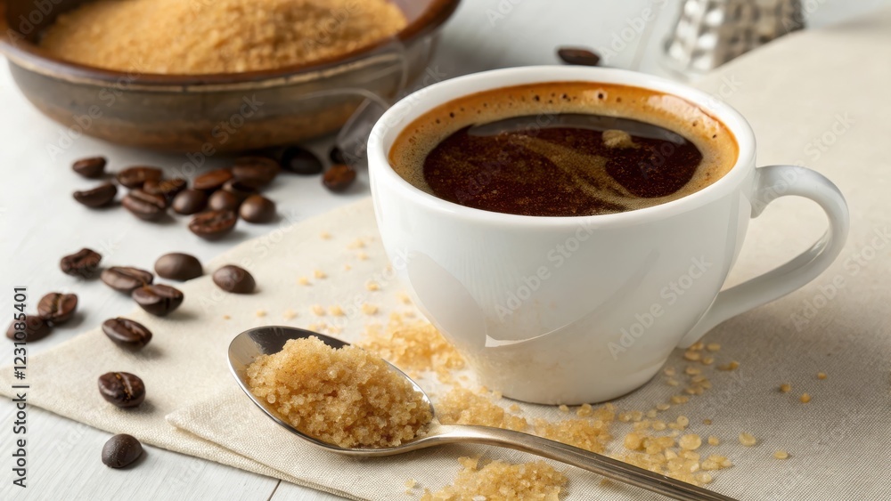 Aromatic Dark Coffee with Granulated Sugar and Coffee Beans