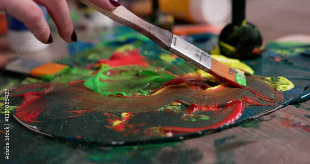 An artist skillfully blending a variety of colors on a vibrant palette filled with hues An artist skillfully blending a variety of colors on a vibrant palette filled with hues