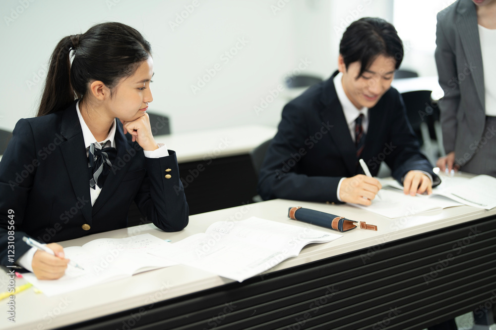 教師と授業で勉強する高校の制服を着たアジアのティーンエイジャー